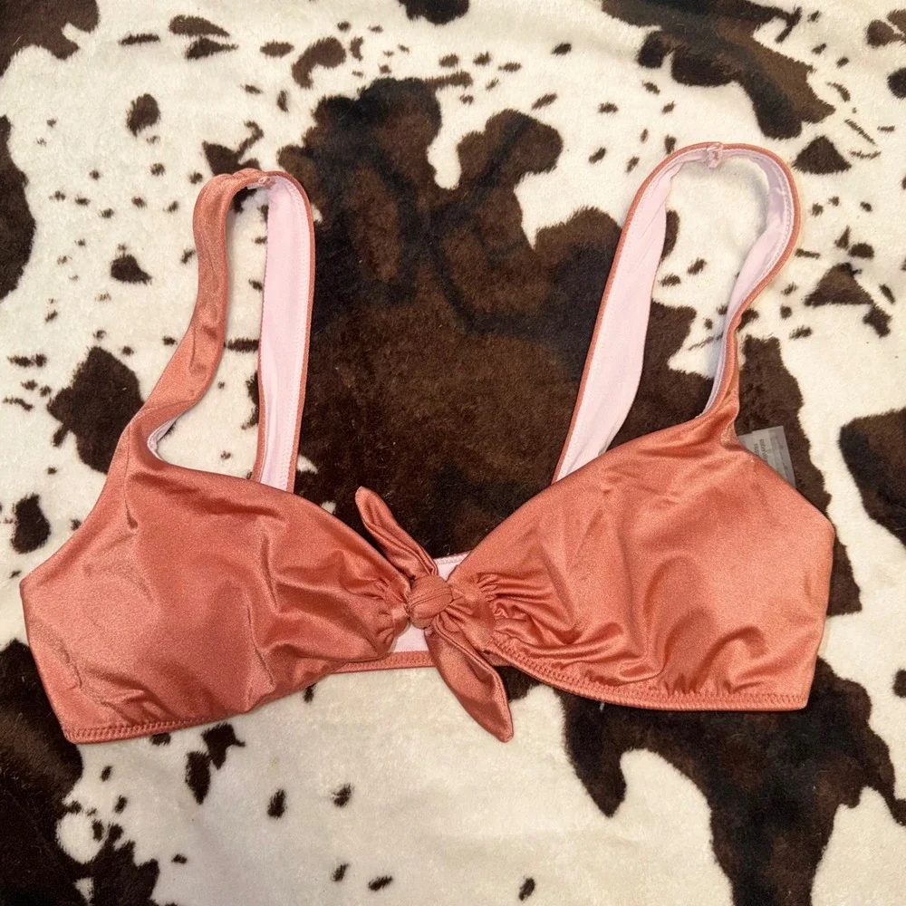 Victoria's Secret Bikini Top Womens Small Rose Gold Metallic Front Tie Beach